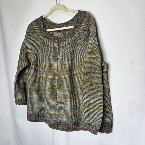 Hand Knit Wool Sweater Oversized Fit  Earth Tone Stripes Cozy Winter Wear size L - Picture 5 of 10